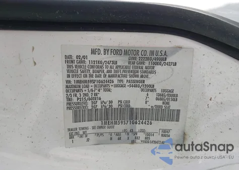 2001 Mercury Sable Ls Premium from USA, damaged, VIN 1MEHM59S71G624426